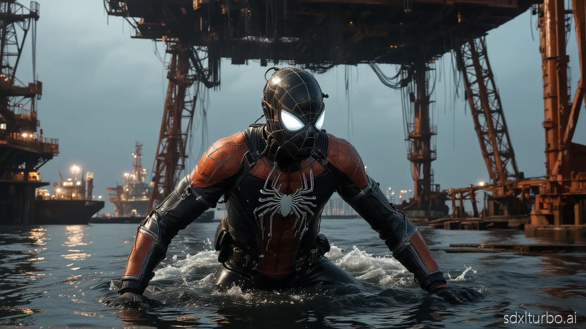 A rugged man in a Spider-Man costume is underwater, looking at his phone, his face obscured by a reflective welding mask. Sparks are flying from the phone as he works. His muscular, broad-shouldered body is wrapped in a thick black neoprene diving suit, with orange reinforcements on his knees and elbows. His gloved hands grip the phone tightly, his posture steady against the water resistance. Bubbles rise around him in the murky deep water, illuminated by the bright blue-white light of the phone. In the background is a steel oil rig platform, covered in rust and aircraft, with beams extending into the dark water. His stance is focused and determined—a professional working in a dangerous environment.