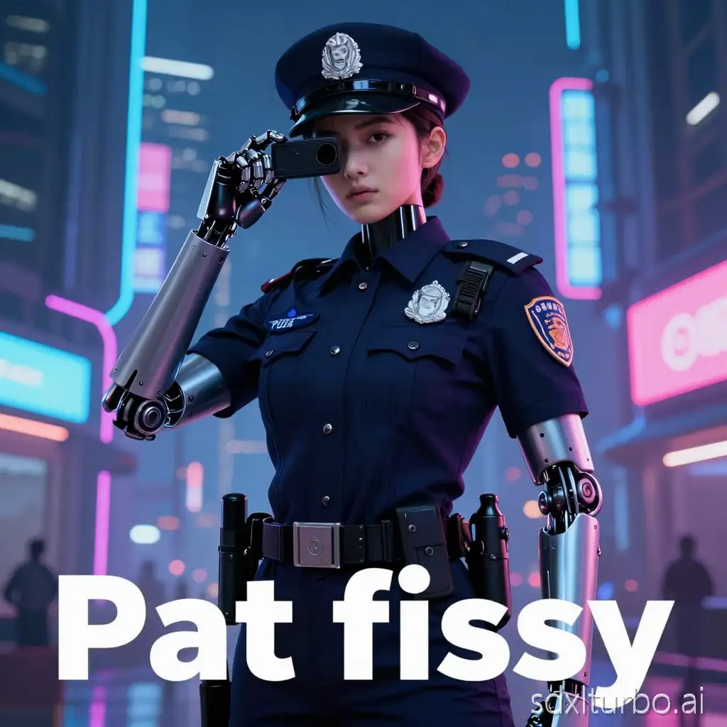 Robot girl police officer in futuristic city with neon lights Text: Pat fussy