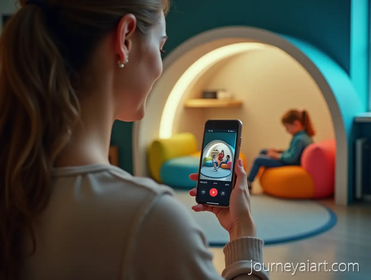 Young-Professional-Woman-Viewing-Live-Video-of-Child-in-Modern-Kindergarten-Shelter