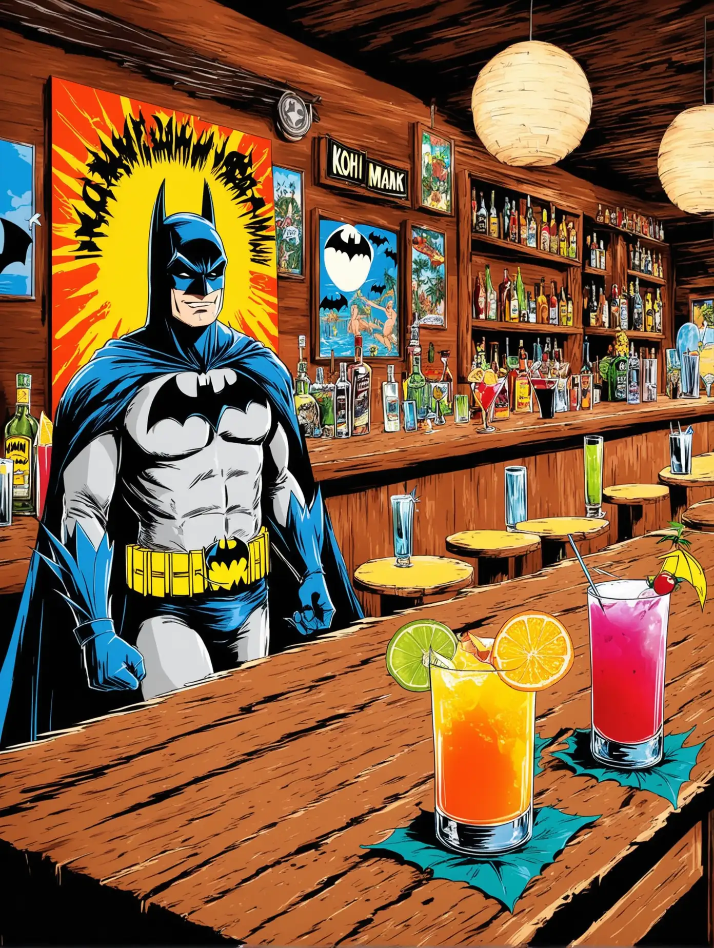 Koh Mak Plakat, Hippiehintergrund, Batman fliegt an einer Bar vorbei, Cocktails auf dem Tisch