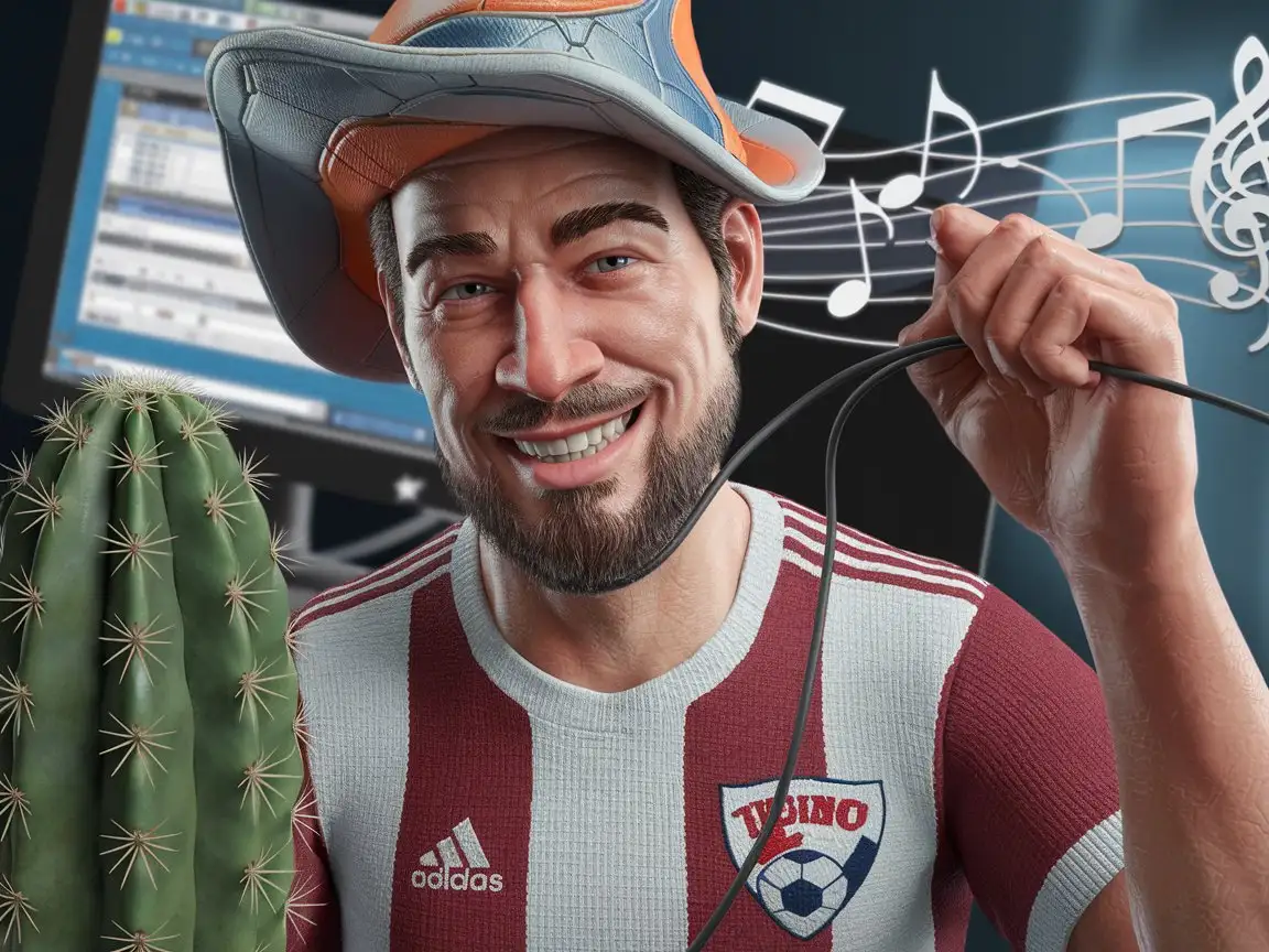 a smiling cool guy with a funny hat and wearing a soccer team t-shirt, holding a cable wired to a cactus plant, a computer and music notes in the background, photorealistic, highly detailed