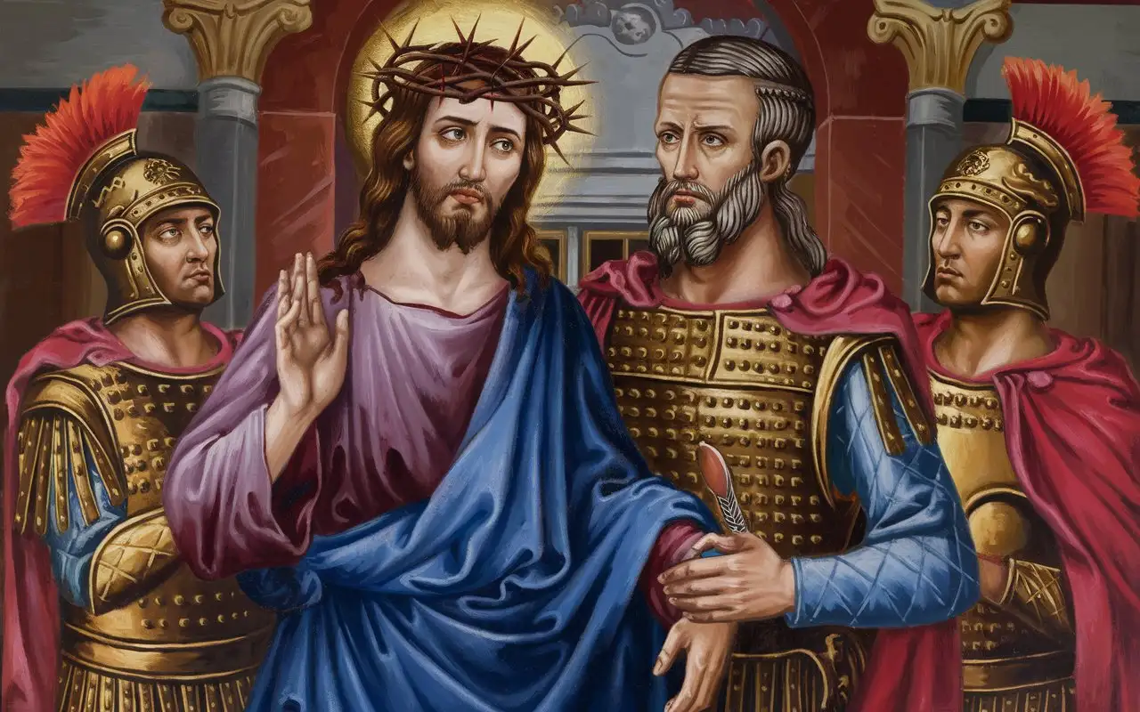 LORD JESUS CHRIST wore the crown of thorns and the purple robe, LORD JESUS CHRIST stand beside Pontius Pilatus the Rome Governor, LORD JESUS CHRIST was guarded by two Roman Soldiers at palace,