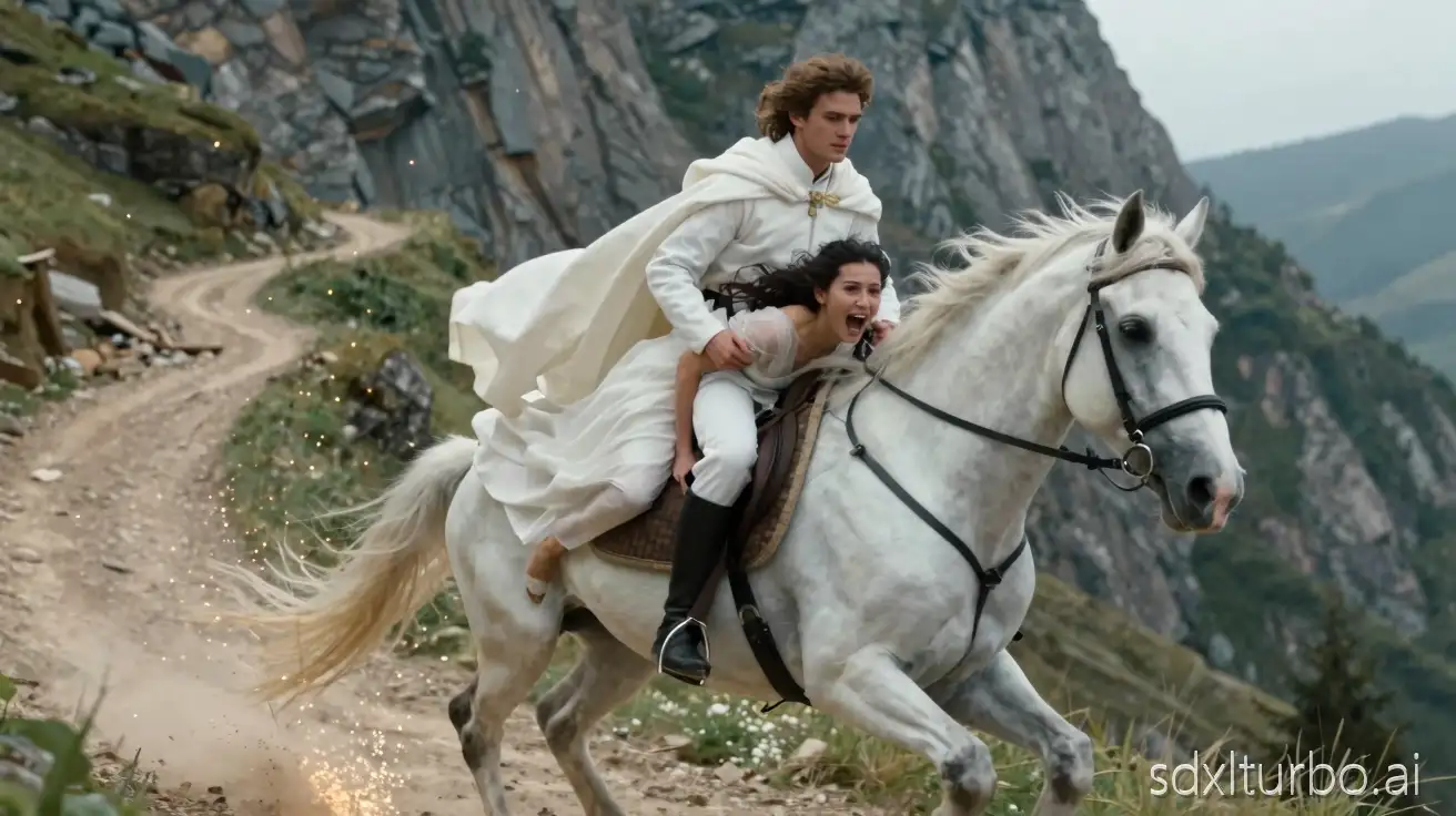 Young handsome man of European appearance in a rich white flowing royal cloak is galloping on a white horse. He has a young woman in a white transparent dress across the saddle, in front of him, pressed against his legs, stomach down on the saddle. She is lying. Raising her head, facing the camera, she is screaming. The woman is very beautiful. The camera moves from the side, gradually pulling back, staying behind. Sparks are spouting from under the horse's hooves. The picture is superrealistic cinematic. The horse is galloping on a steep mountain trail, to the right of the trail - a cliff.