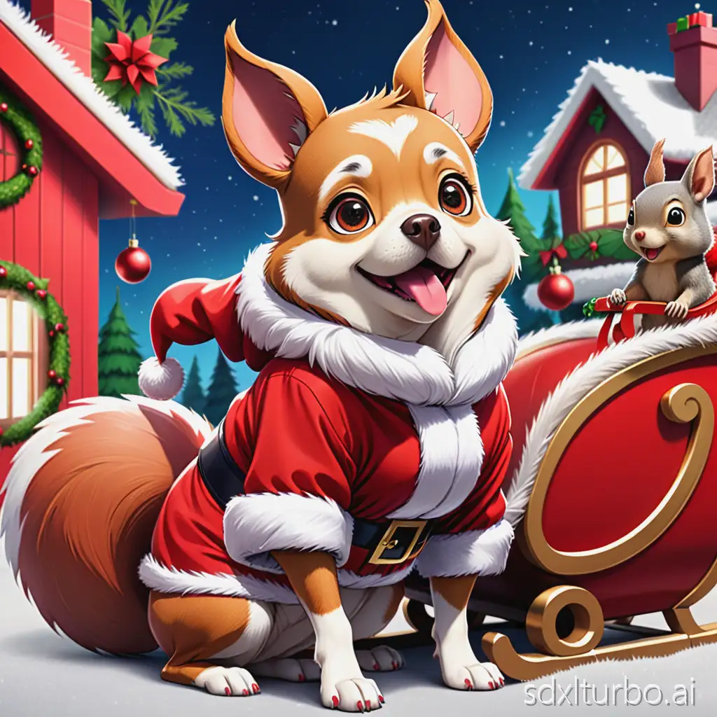 An anime dog in a Santa Claus costume in front of a Christmas backdrop. In front of her is a sleigh with a squirrel sitting on it.
