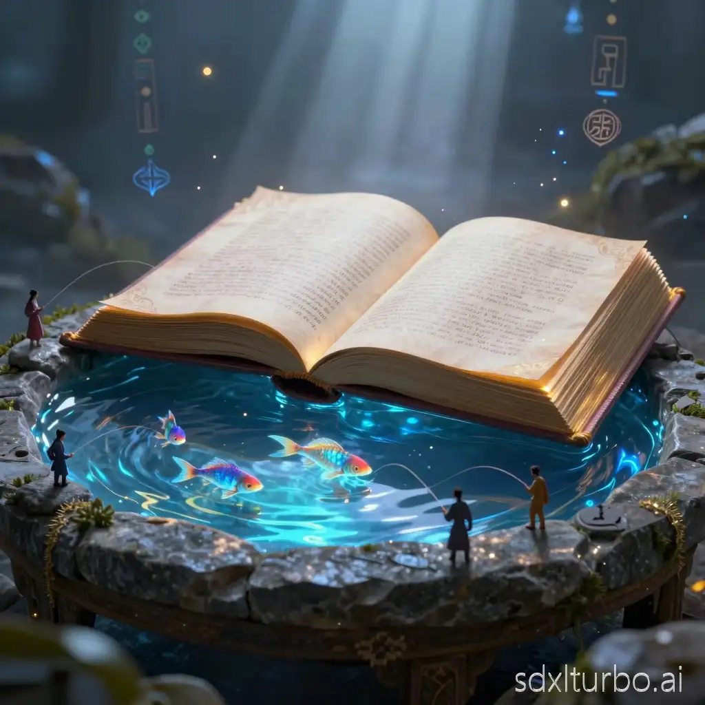 An ancient magical open book resting on a stone table, glowing with blue and golden mystical light, beneath the book a crystal-clear magical pond seamlessly formed from pure energy, shimmering water reflecting the glowing pages, luminous fantasy fish swimming gracefully inside the pond, tiny miniature humans standing at the edge and on small rocks, fishing with delicate hooks and thin lines, epic fantasy atmosphere, floating mystical runes and symbols in the air, cinematic lighting, volumetric light rays, magical particles and soft mist, ultra detailed textures on stone, paper, water and fish scales, realistic reflections and refractions, shallow depth of field, dramatic composition, fantasy realism, high-end concept art, unreal engine quality, ultra realistic, 8K resolution, epic and enchanting mood soft glowing fog, subtle ripples in the water, bioluminescent fish, rim light highlighting the book edges, god rays from above, cinematic color grading, dark fantasy background