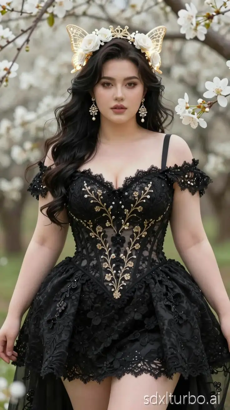 Ultra-realistic 8K cinematic fantasy portrait of an elegant ethereal chubby woman standing in a soft ivory blossom garden, surrounded by delicate white flowers and dreamy bokeh light; she wears an ornate black lace corset short sleeveless gown with a deep sweetheart neckline, intricate floral embroidery, gold filigree vine detailing across the bodice, subtle gemstone embellishments with floral patterns, and a structured voluminous short skirt; detailed pearl and crystal drop earrings, soft glowing butterfly-shaped filigree headpiece with white roses and gold accents framing her hair, long flowing dark wavy hair with natural shine; soft luminous skin, natural glam makeup, warm brown eyes, calm confident expression; cinematic soft diffused lighting, shallow depth of field, creamy blurred floral background, high detail textures, sharp focus, photorealistic, fantasy couture aesthetic, masterpiece quality.