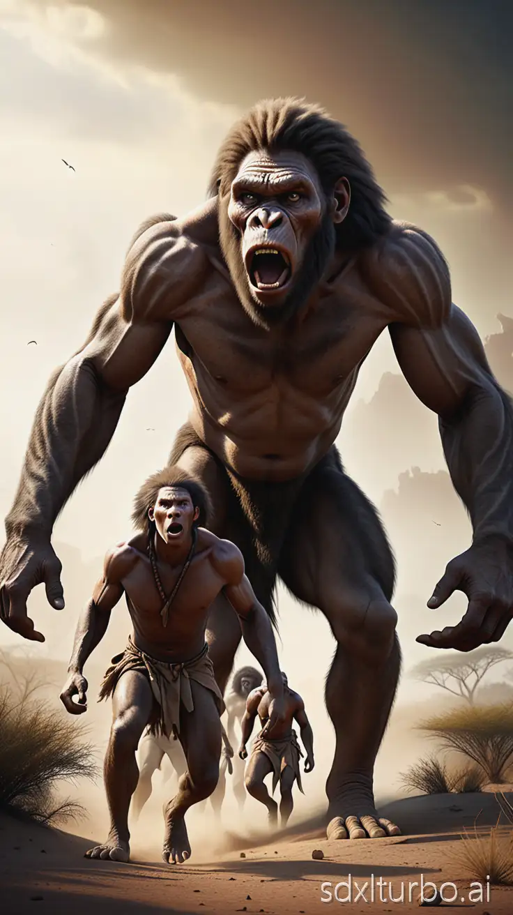 prehistoric humans hunting giant animals, homo erectus, wild savannah, dramatic cinematic lighting, ultra-realistic faces, dynamic poses, action scene, dust and wind, 16:9 wide shot, high detail, National Geographic style, powerful composition, ancient nature environment, photorealistic.