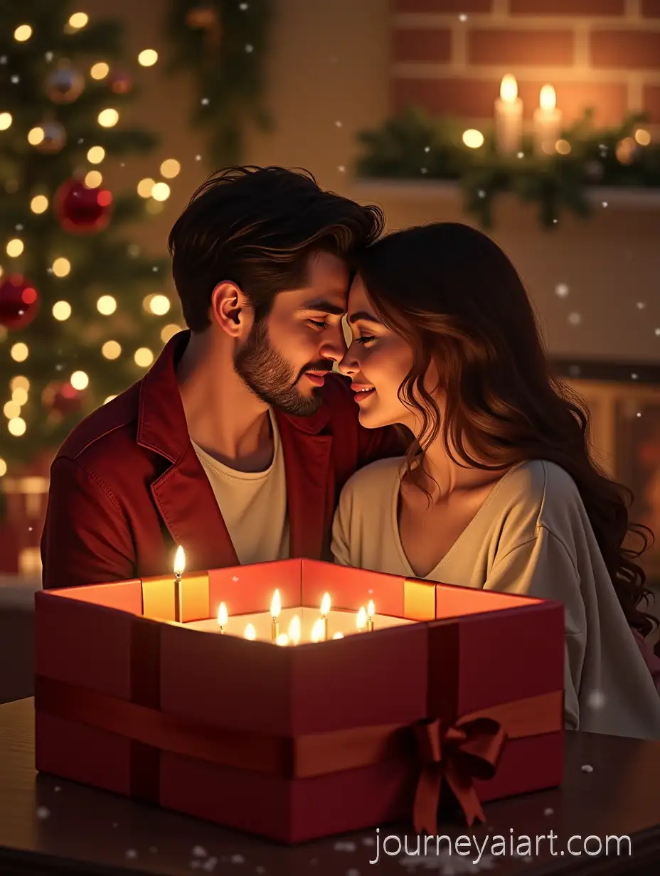 Couple-Embracing-in-Elegant-Christmas-Gift-Illustration-with-Soft-Snow-and-Cozy-Fireplace-Background