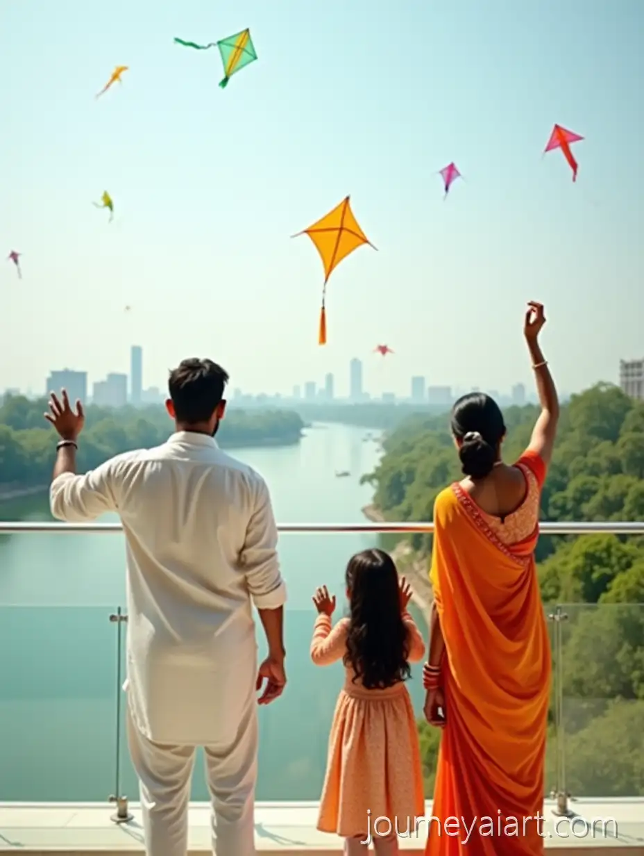 Indian-Family-Flying-Kites-on-a-ModernIndian-Family-Flying-Kites-Balcony-Overlooking-River-and-City-Skyline