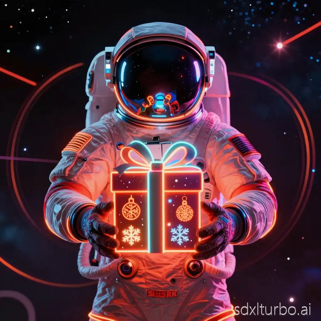 Draw a astronaut in a spacesuit holding a Christmas gift. Style — neon art, like on the reference: saturated red, orange and blue neon colors, glowing outlines, futuristic atmosphere. Background — space with twisted light lines, energy circles and stars. The astronaut is in the center of the composition, gaze directed forward, pose calm. The gift — a large glowing box with Christmas elements (Christmas ornaments, snowflakes), the gift contours are clearly highlighted by neon glow. Add the text 'SHORK' in the lower part of the image in a neon style. High resolution, detail, emphasis on light effects. Composition is symmetrical, with a central focus on the astronaut and the gift.