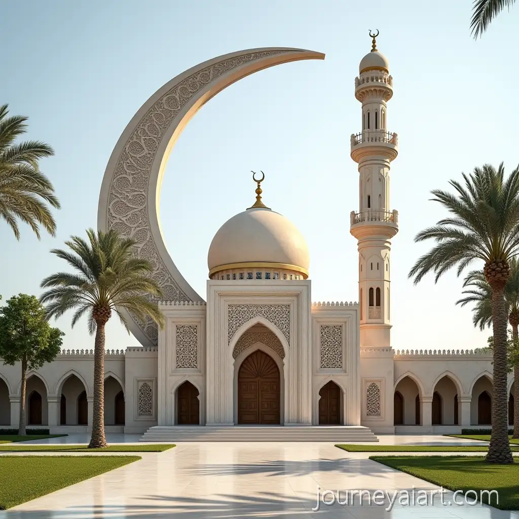 Ornate-Ramadan-Crescent-Sculpture-Near-Mosque-on-Palm-Tree-Lined-Road