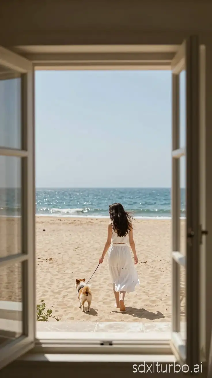 A girl walking a dog on a sandy beach, being watched from a villa window, the girl's outfit is white skirt, nostalgic atmosphere