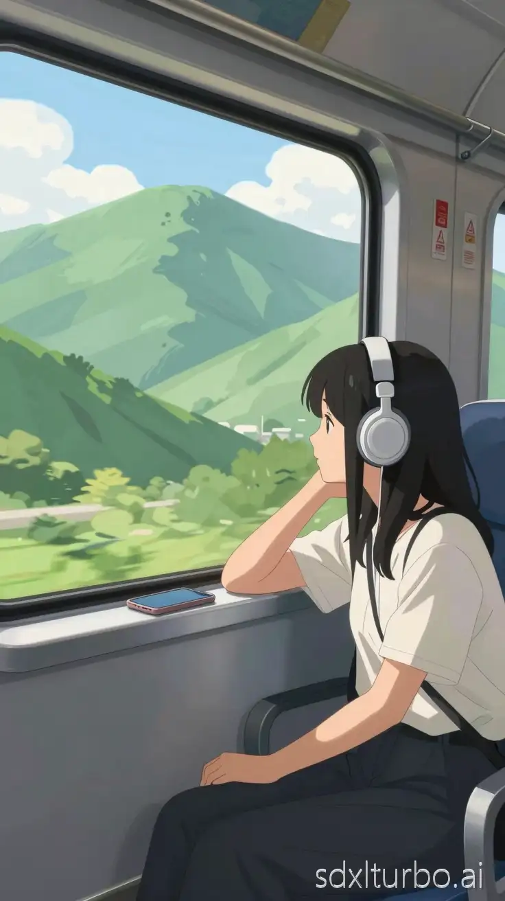 Anime style painting, a girl sitting on a train, viewed from the train aisle towards the girl. The girl has black hair, her left arm supporting her head leaning on the train window, her phone also placed on the windowsill. The girl is wearing headphones looking out the window, outside is a green mountain range overlapping