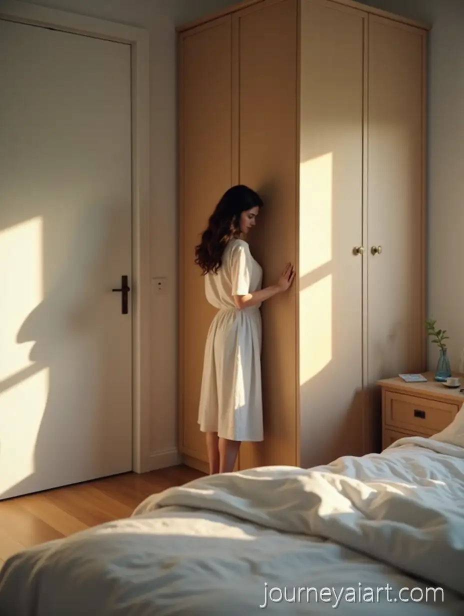 Modern-Scandinavian-Bedroom-with-Woman-Standing-NearModern-Bedroom-Morning-Scene-Wardrobe-in-Soft-Morning-Light