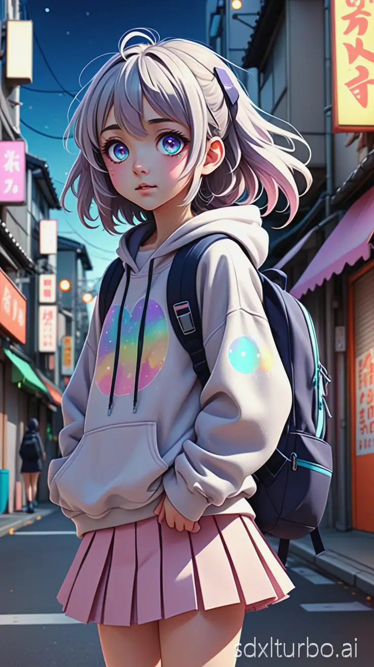 cute 11 year old anime girl named Luna, big round sparkling eyes, pastel color palette, messy shoulder length hair with small hair clips on both sides, wearing a light hoodie and skirt, small backpack on her back, cheerful and curious expression, standing in a normal city street, japanese anime style, soft lighting, ultra detailed, clean lineart, vibrant colors, high quality, trending anime character design