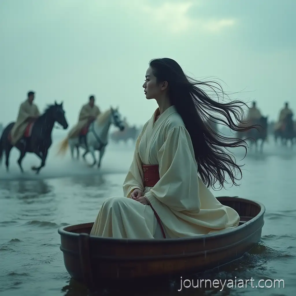 Japanese-Woman-in-Traditional-Kimono-on-Boat-with-Galloping-Horses-in-Rain