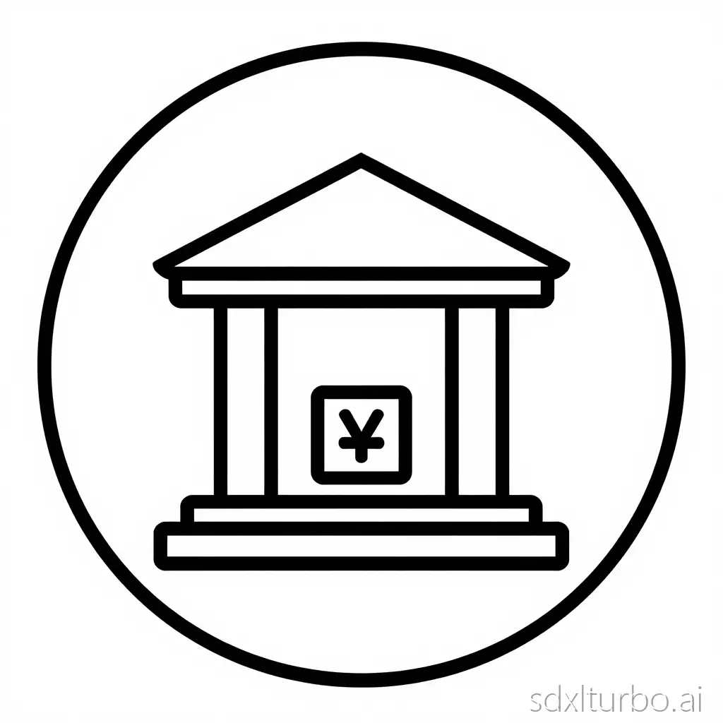 The symbol of a bank, abstract 2D style, white background, with stylized image elements such as coin symbols, building columns, and archway, incorporating '¥' or '$' currency identifiers, circular or square composition, simple eaves line at the top, uniform line width, no gradient, single-color fill, vector icon style, suitable for map POI symbol design, enclosed by a circle, no white background outside the circle, just a single circle