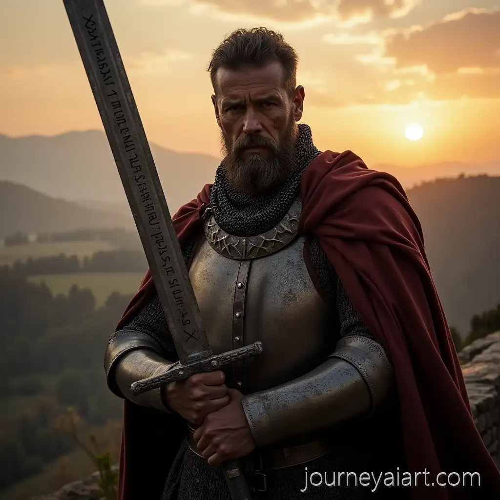 Bulgarian-Voivode-Krakra-of-Pernik-Standing-on-Fortress-Walls-at-Sunset-with-Sword