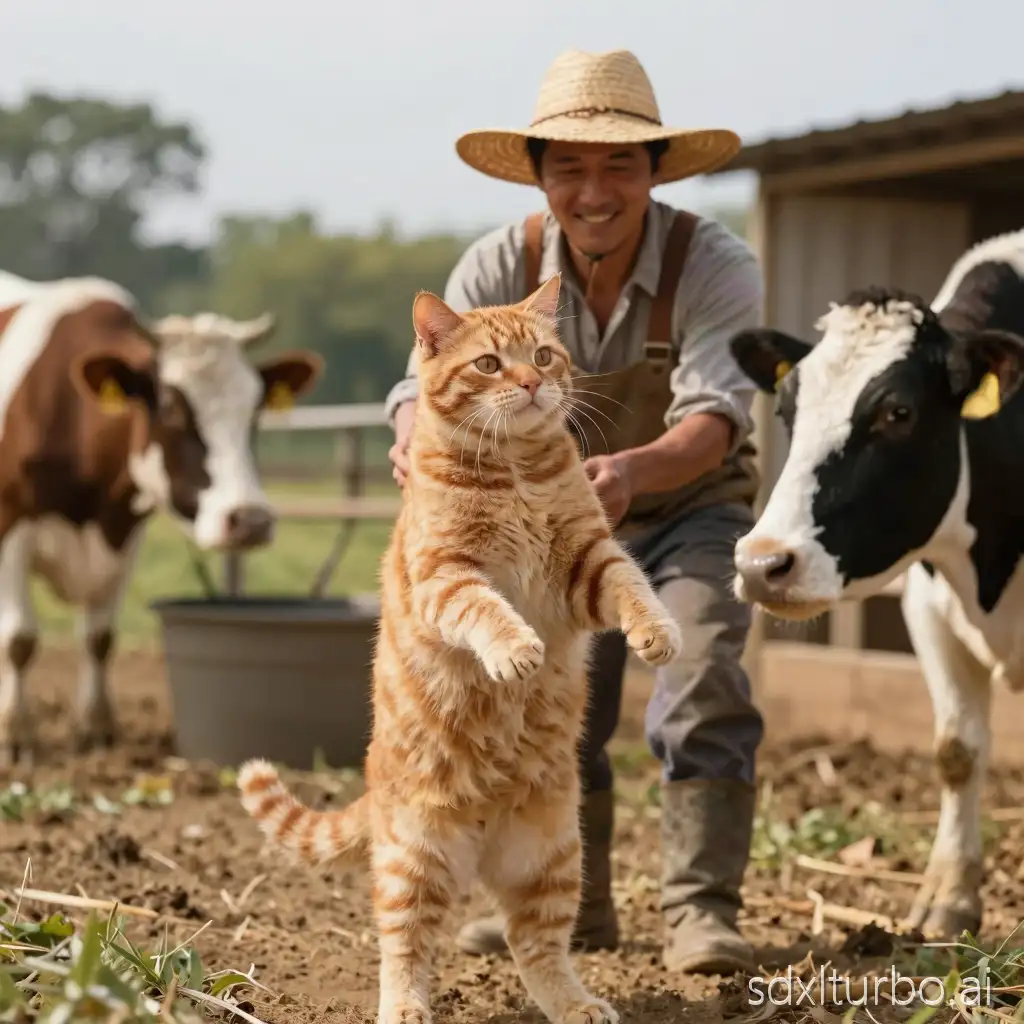 I want a cinematic short video of an orange tabby cat behaving like a human farmer, standing upright, interacting gently with farm animals, in a rural countryside environment, warm natural lighting, wholesome and funny mood.