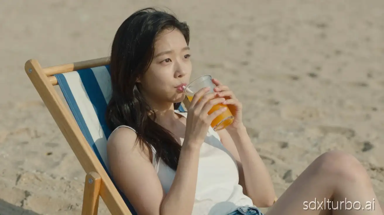 Korean actress Park Shin-Hye sitting on a beach chair sipping an orange juice