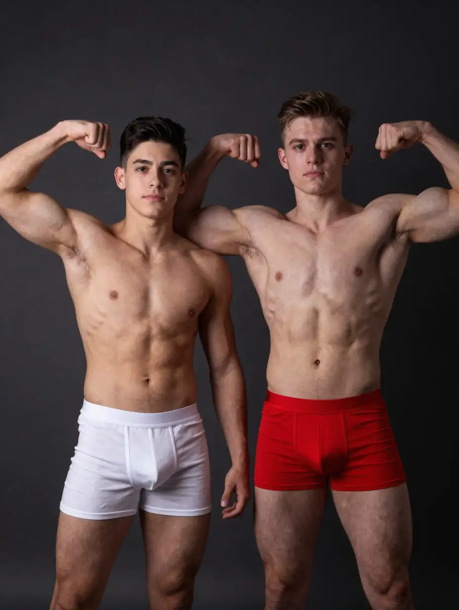 a 18-year-old latino boy with fine European features muscular, only wearing a white boxer, next to a 19-year-old Swedish boy very muscular, only wearing a red boxer, both flexing their arms