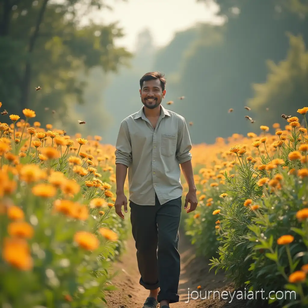 Indonesian-Man-Walking-in-FlowerFilled-Garden-with-Bees-on-a-Fresh-Morning