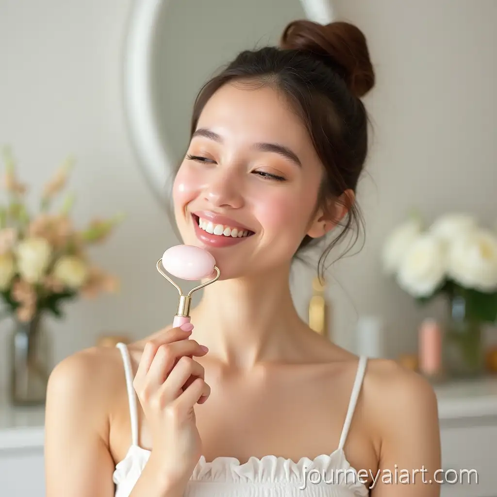 Young-Woman-Using-Quartz-Facial-Roller-in-Luxury-Bathroom-with-Indoor-Flowers