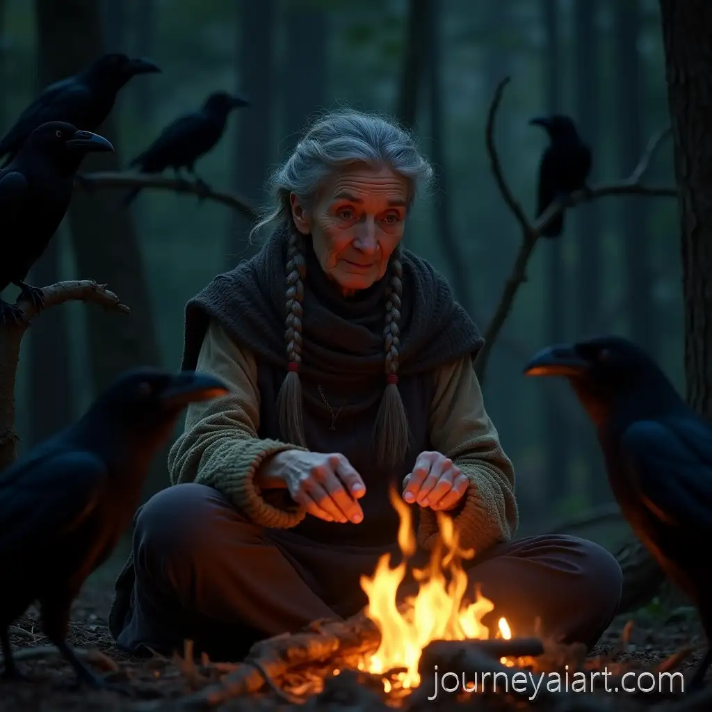 AncAncient-Prophetess-by-Campfireient-Female-Prophetess-Storytelling-by-Campfire-in-Mystical-Forest-at-Dusk