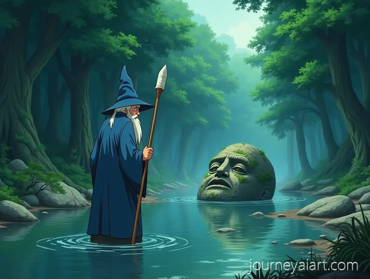 Old-Wizard-in-Enchanted-Forest-with-Broken-Ancient-Statue