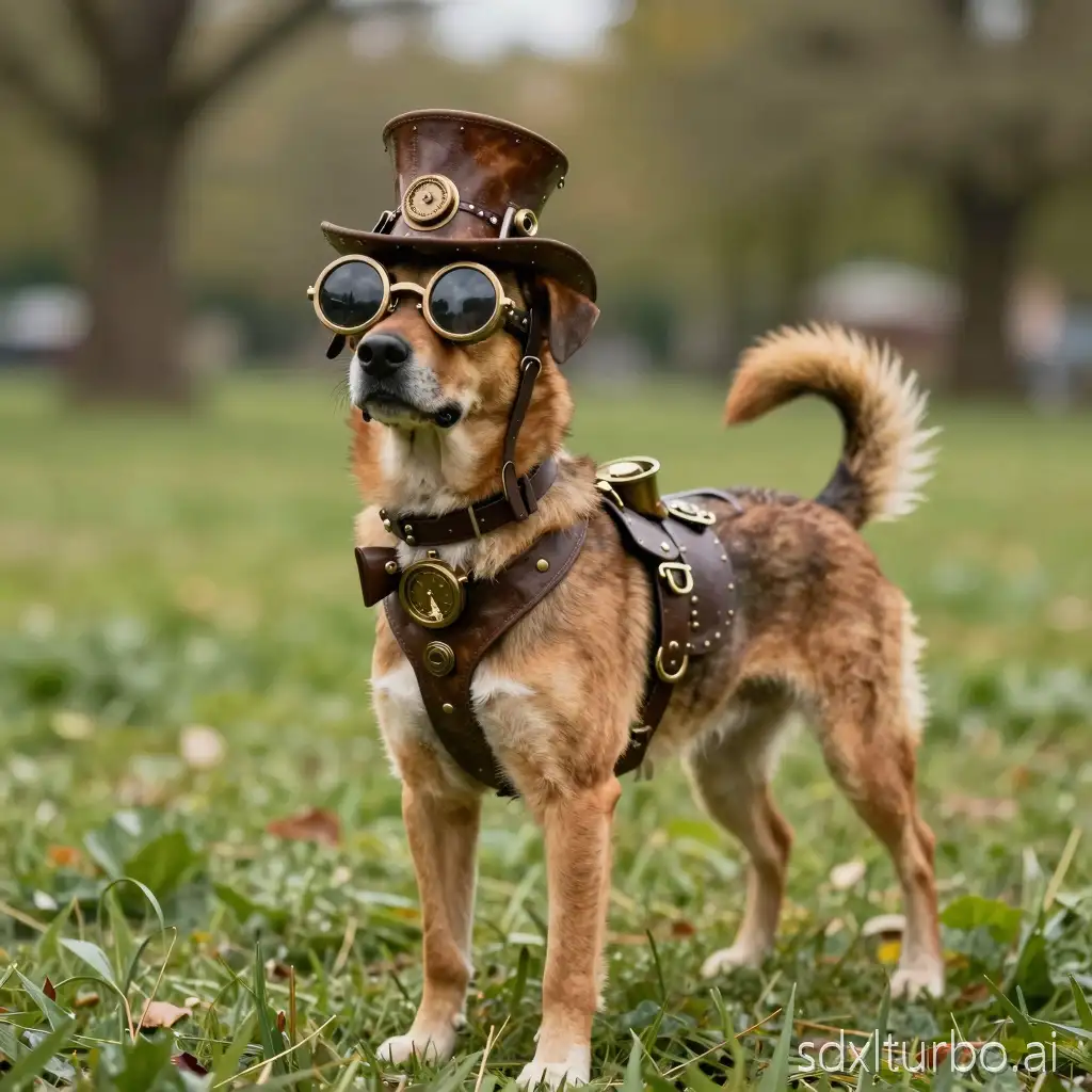 A shot of Steampunk-style dog in the park