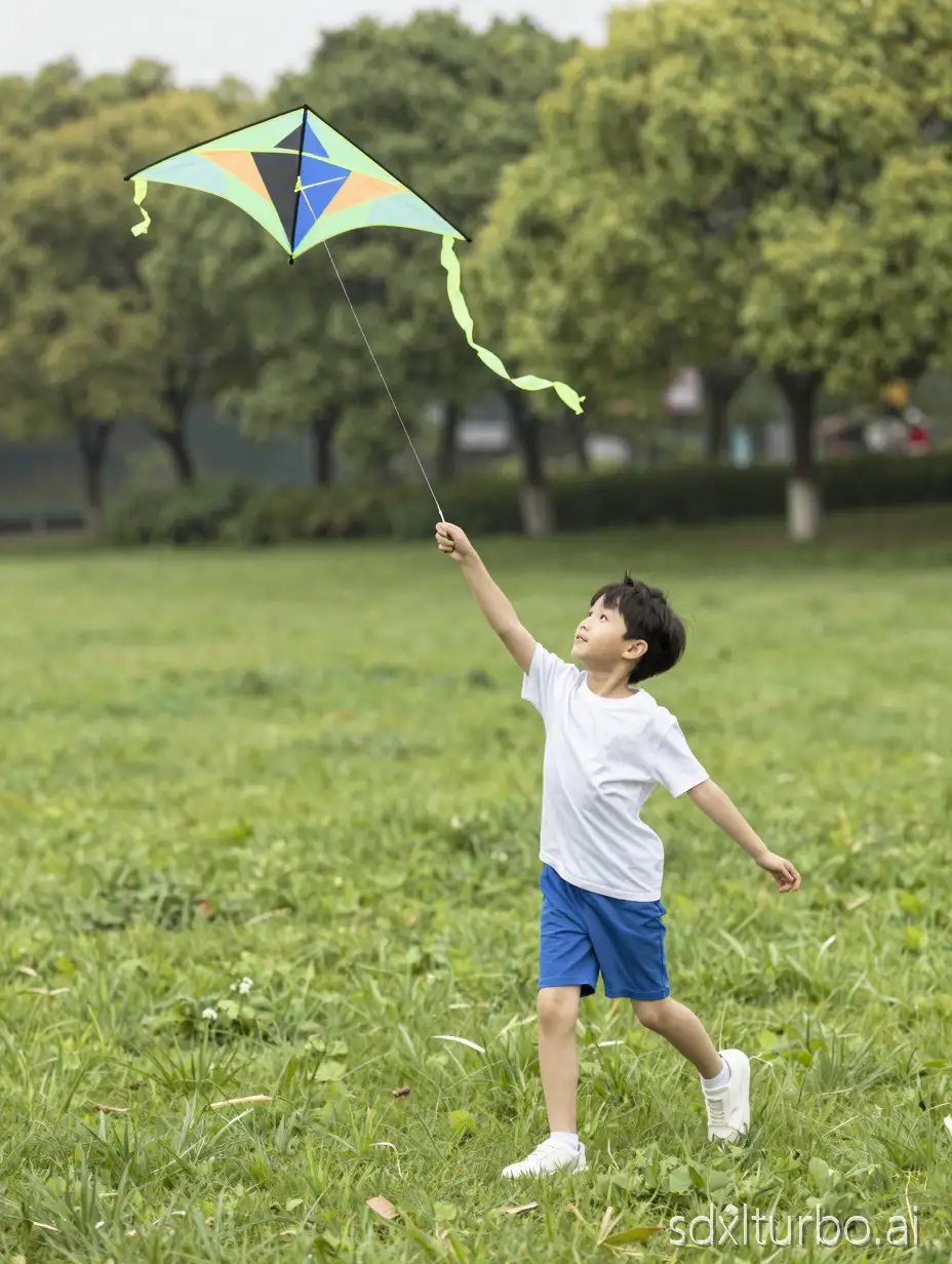 child flying a kite on the grass