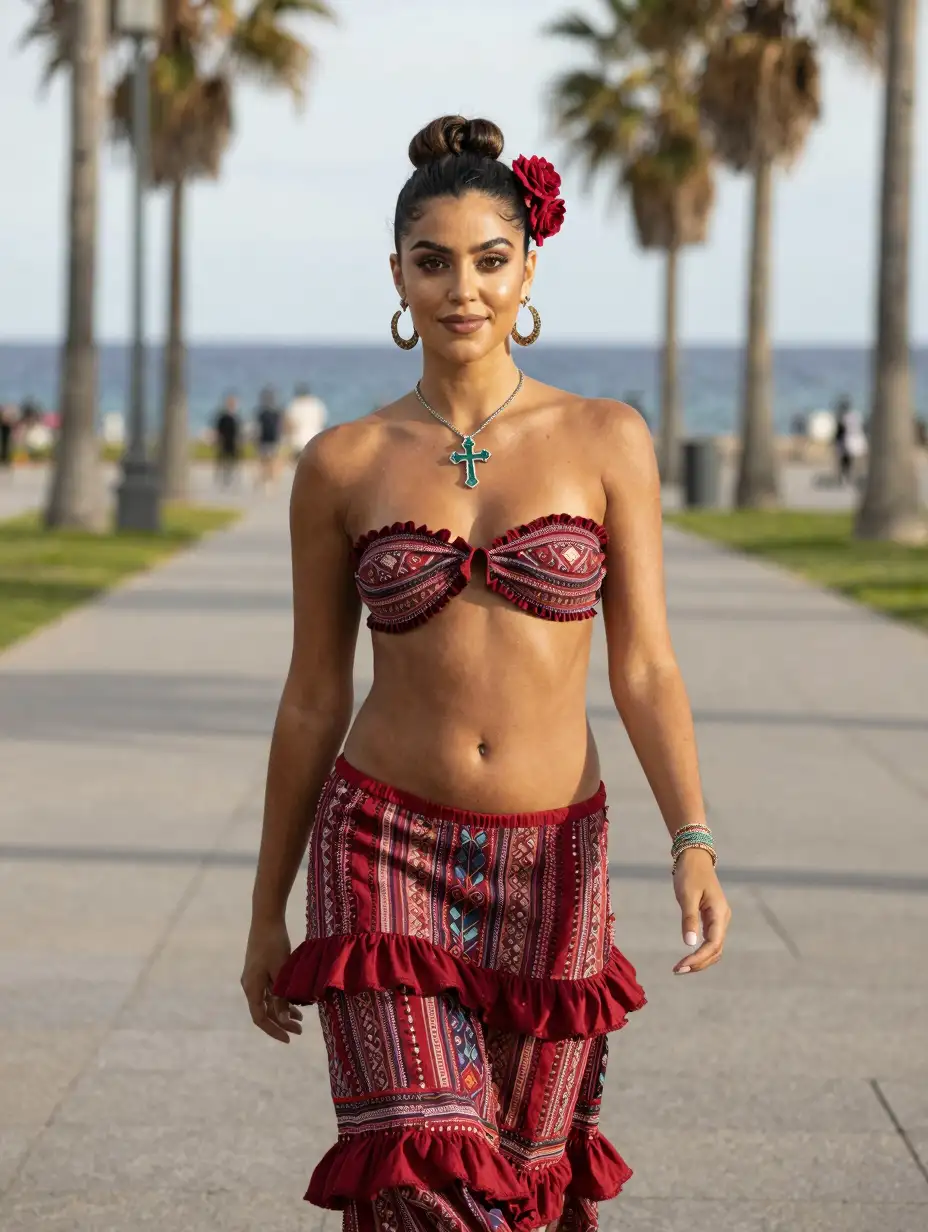 a tanned Spanish girl, in her mid-twenties with dark-brunette hair bun with rose wreath, make-up, brown eyes and big earrings, her skin has medium-brown skin tone and medium-sized breasts and hips, she only wearing long reddish skirt(navel visible) with Spanish+Moroccan ornamentation and frills, strapless micro-bandeau, emerald cross necklace and bracelets, she walks in Barcelona boulevard with mediterranean sea and palm trees in the background, she smiles to the camera