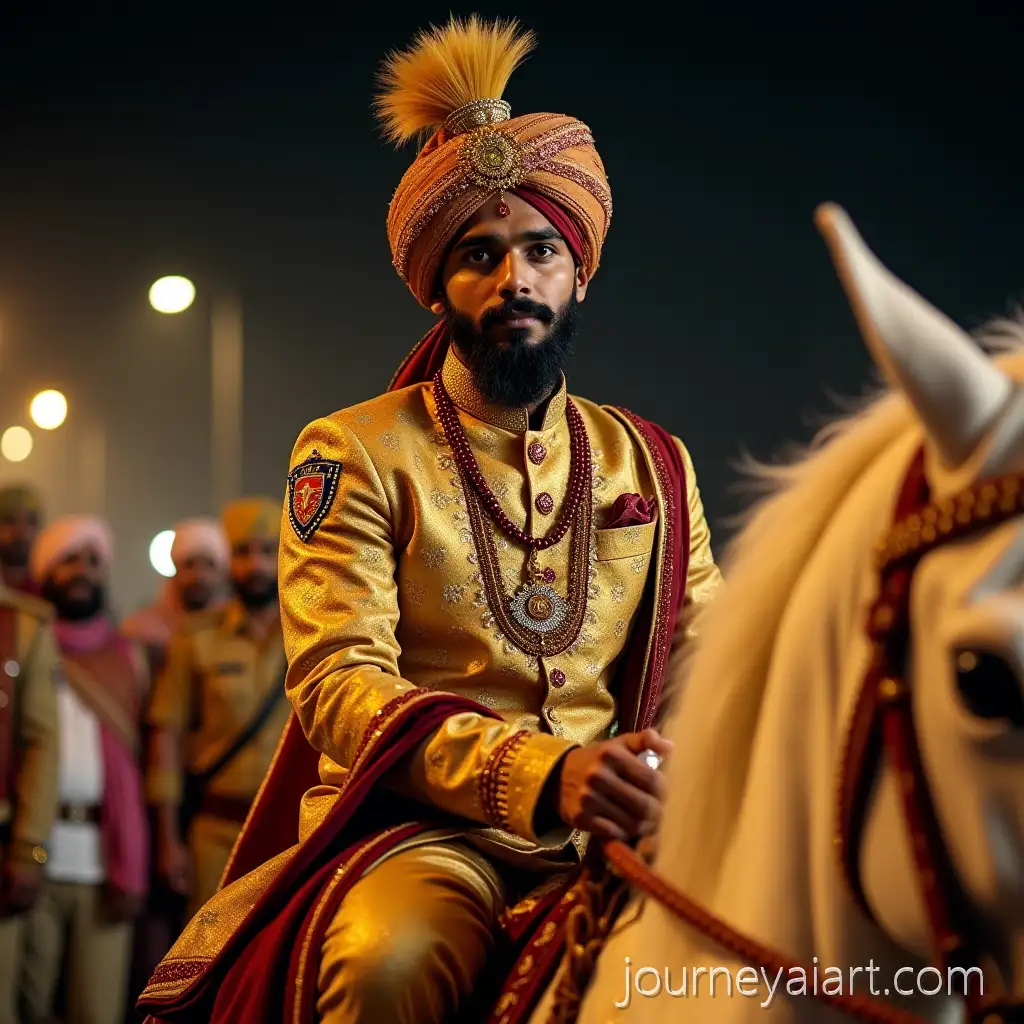 Confident-Rajasthani-Dalit-Groom-on-White-Wedding-Mare-in-GoldenCream-Sherwani-Jodhpur-Night-Procession