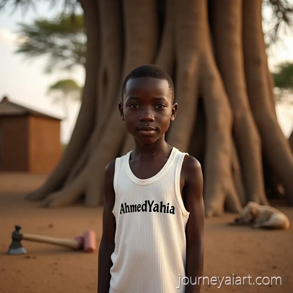 African-Boy-Standing-in-Front-of-Ancient-Baobab-Tree-with-Tools-in-Rural-Village