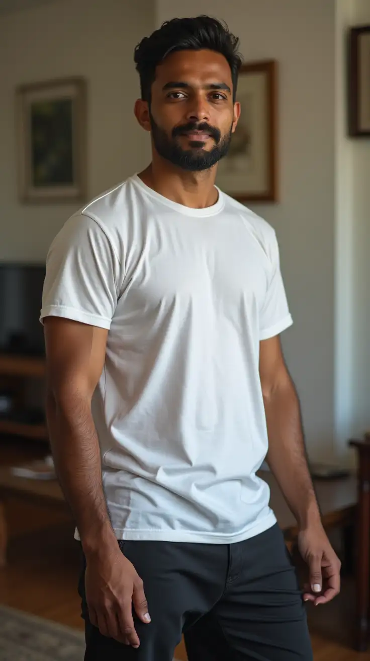 a portrait of Indian man, age 40 (wearing white t-shirt and black shorts,) standing in living room