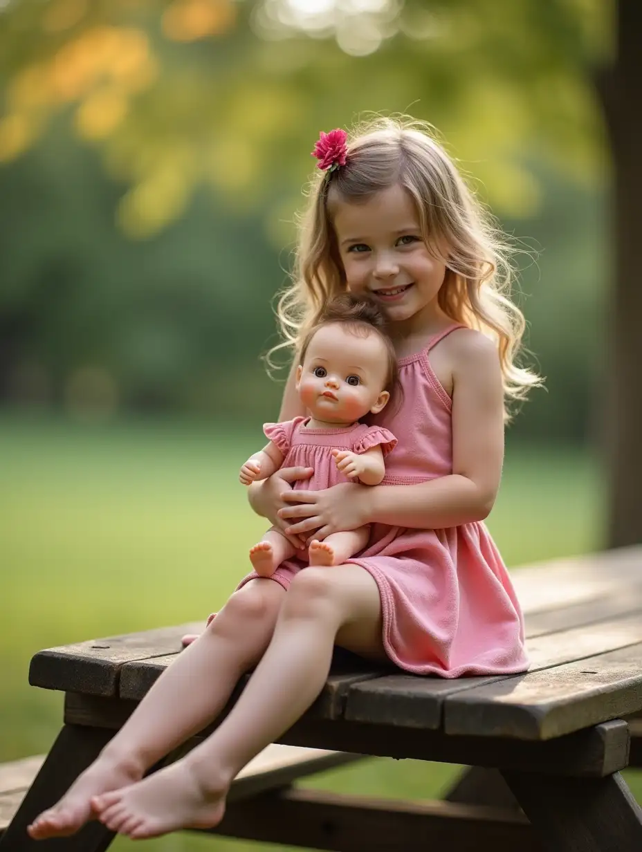 a lovely slender little girl, bare shiny skin. sitting on the side of a picnic table with her feet on the bench, holding a small doll baby in front of her hips. Skinny legs and bare feet visible. She has a shy smile.