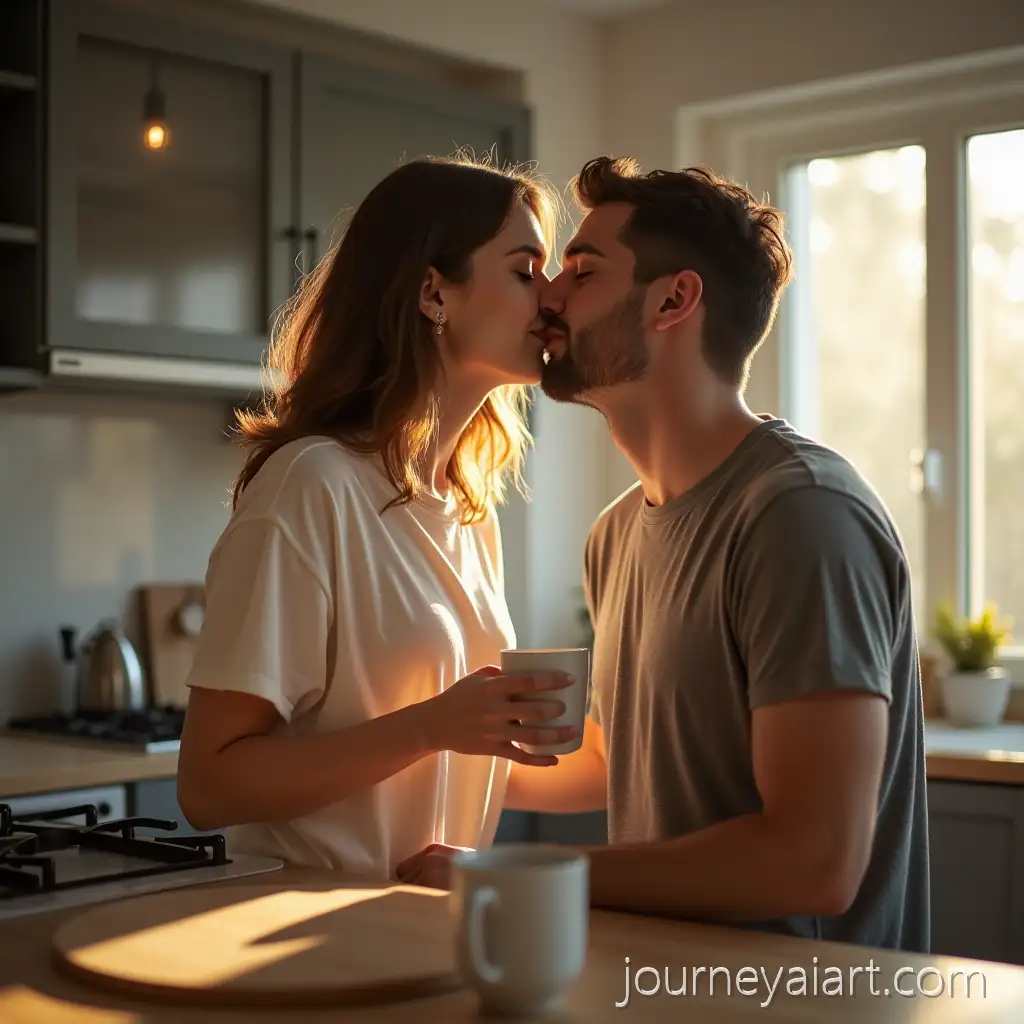 Couple-Sharing-a-Morning-Kiss-in-a-Modern-Kitchen