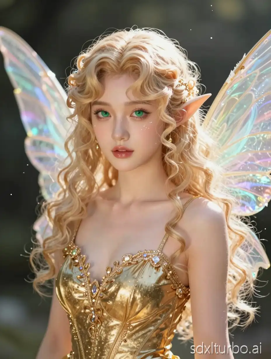 Elf in gold color clothes, with blond curling hair gorgeous transparent colorful wings, the air is filled with shining particles, beautiful face with delicate and beautiful green eyes, glossy lips, whole body, Art station, ray tracing beam, highly detailed, 8k, sharp focus