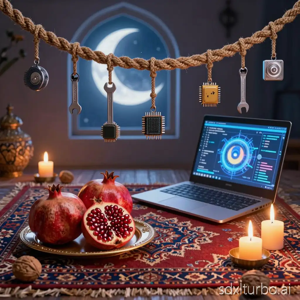 Persian Yalda night, traditional Iranian still life,   lighting, pomegranates and walnuts on Persian carpet, moon window and candles, symbolic braided rope with hanging computer objects representing storytelling and future, laptop, wrench,, microchip, cultural fusion of ancient Persia and modern technology, ultra detailed, artistic illustration, high quality, no text