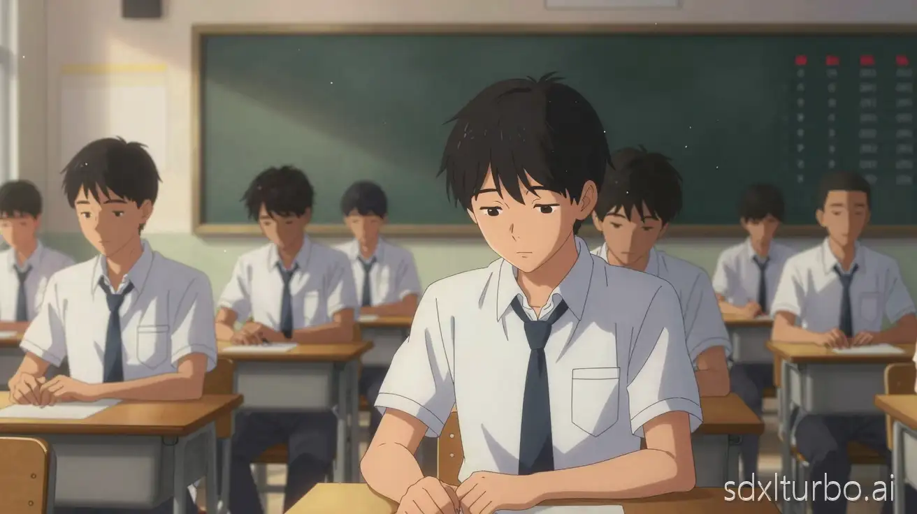 PART 1 – THE WEAKEST STUDENT
Scene 1 – Classroom Introduction

A dimly lit modern school classroom with neat rows of desks. A digital ranking board glows at the front. Most students sit confident in clean school uniforms. 

Aarav, a 15-year-old boy, short black hair, slim build, fair skin, soft brown eyes, slightly slouched posture, small and tired, head down at the back row. Emphasize a single consistent face: same boy, same face, same hairstyle, same school uniform. 

Style: cinematic realistic-anime illustration, cel-shaded lineart, 2D anime still, high detail, soft film grain, warm cinematic lighting, dust particles in sunlight, shallow depth of field, emotional mood, high-res illustration.