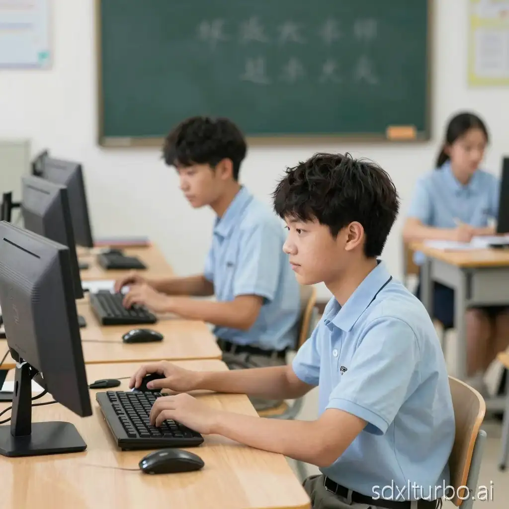 Generate a picture of 'students in a computer classroom taking a lesson'