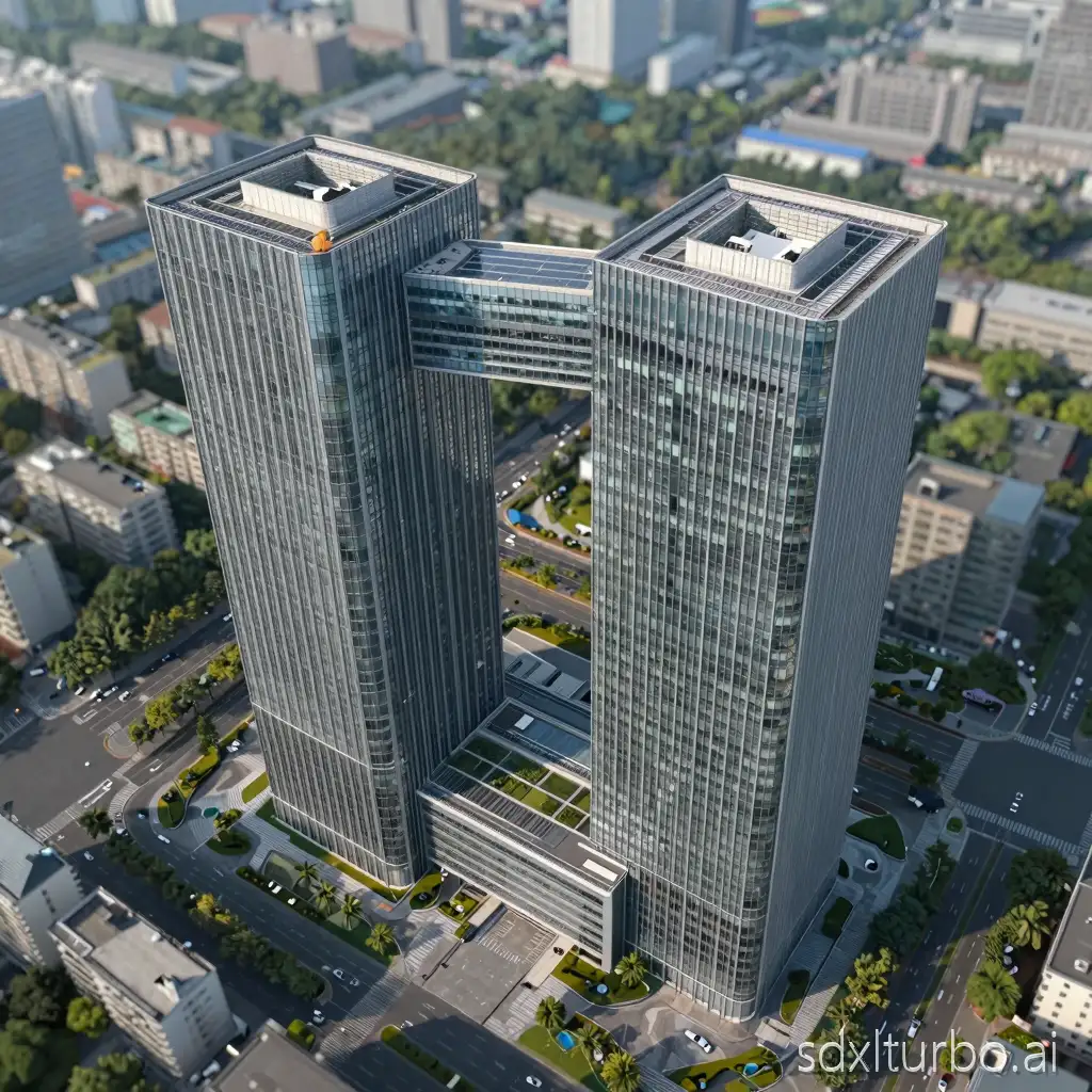 futuristic twin-tower commercial building, parent-child dual structure, connected in a harmonious, sleek glass curtain wall Facade, eco-friendly and energy-saving architecture. bird eye view,