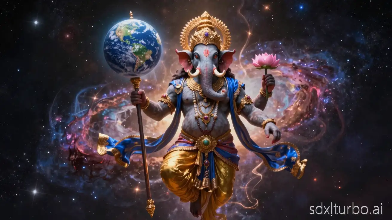 Lord Varaha, the boar avatar of Vishnu, cosmic divine form floating in space, holding the planet Earth on his tusk, majestic Hindu mythology scene, ornate golden crown and jewelry, blue and gold royal garments flowing in zero gravity, holding gada (mace), lotus in hand, highly detailed fur texture, glowing divine aura, deep starry galaxy background, nebula clouds, cinematic lighting, ultra realistic, epic mythological illustration, 8k, hyper detailed, dramatic perspective, divine energy particles