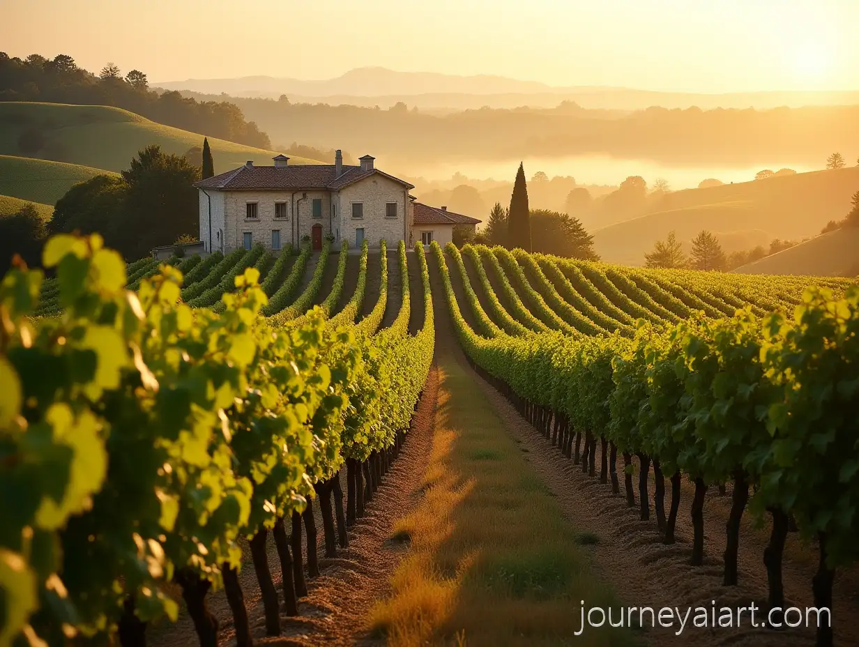Scenic-FrenchFrench-Vineyard-at-Golden-Hour-Vineyard-at-Golden-Hour-with-Rolling-Hills-and-Rustic-Winery-Buildings