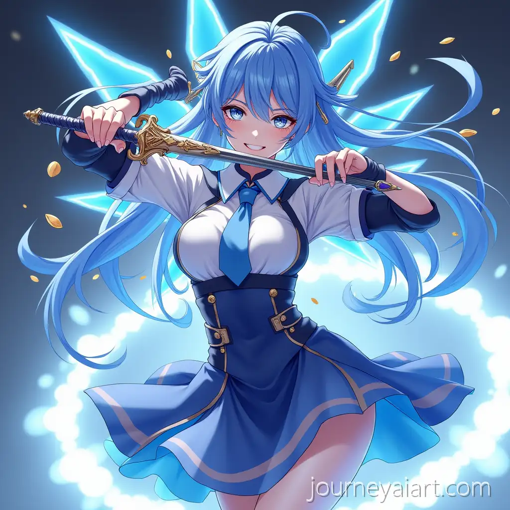 Epic-Splash-Art-of-a-Beautiful-Woman-with-Blue-Hair-and-Electric-Sword-Pose