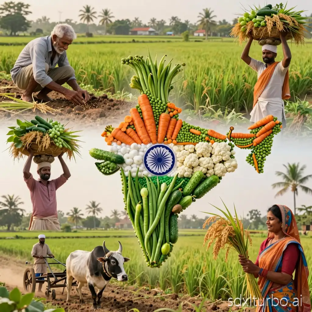 A powerful patriotic collage depicting Indian farmers and agriculture, featuring multiple realistic scenes blended into one composition. At the center, the map of India is artistically formed using fresh vegetables—green beans, cucumbers, peas, carrots, cauliflower—arranged in the colors of the Indian tricolor with a detailed Ashoka Chakra in the middle. Surrounding the map are lifelike scenes of Indian farmers working in lush green fields: elderly farmers sowing seeds by hand, farmers carrying bundles of harvested crops on their heads, a smiling farmer holding fresh produce, a woman farmer holding golden paddy stalks, bullock ploughing in farmland, and irrigation in rice fields. Rural Indian landscape with paddy fields, palm trees, warm sunlight, earthy tones, cinematic lighting, ultra-realistic photography style, high detail, emotional, inspirational, national pride, agriculture theme, 4K resolution, depth of field, natural colors.