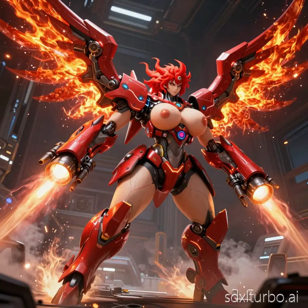 A dynamic, futuristic anime-style female hybrid inspired by the Aegis Firebird spaceship from Star Citizen. She has a tall, chubby humanoid form with extremely massive oversized breasts. Her wings are replaced by dual-layered Firebird-style thrusters, with glowing afterburners and smaller secondary maneuvering engines, showing motion and heat distortion. Missile launchers are integrated into her shoulders and upper arms, open and ready, with red metallic armor detailing and glowing targeting lines. Her fiery red hair flows backward with the motion of the thrusters. She stands in a high-tech hangar or in orbiting space, with sparks, smoke, and dynamic lighting, emphasizing speed and aggression. The pose is dramatic, slightly leaning forward as if about to launch. Highly detailed, cinematic lighting, futuristic sci-fi, digital painting style, vibrant colors, dynamic perspective, intricate mechanical details.
