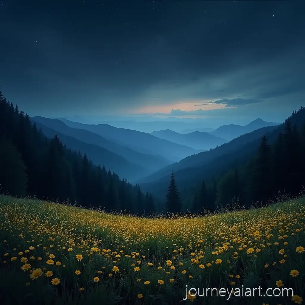Nighttime-Mountain-Landscape-with-Meadow-of-Golden-Flowers-and-Dense-Forest