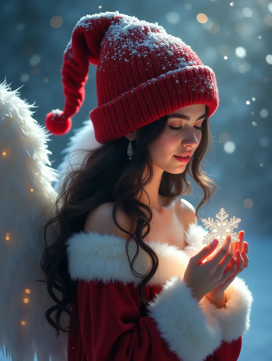 a magical Christmas angel in a huge red knit hat dusted with snow, hiding her eyes, long dark wavy hair, soft pink lips, elegant earrings, cozy fur-trimmed sleeves, holding a sparkling snowflake. large white feathered angel wings behind her, glowing winter mist, drifting snow, soft blue and silver holiday lighting, enchanting Christmas fantasy art.
