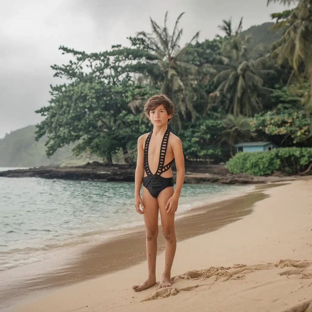 A boy stands confidently on a sandy beach, wearing a unique black swimsuit with intricate straps and patterns. The background features a serene ocean view, lush vegetation, and a small blue building nestled among the trees. The overcast sky casts a soft, diffused light over the scene.